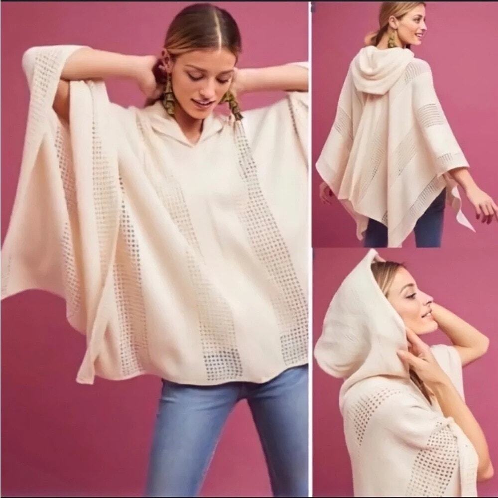 Anthropologie Sleeping on Snow Cream Hooded Asymmetrical Hem Boho Poncho OS